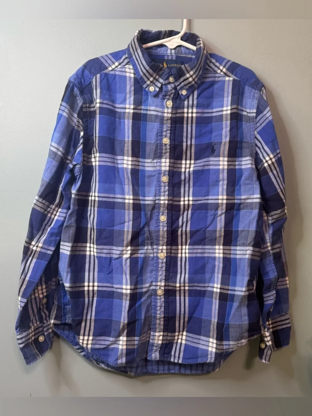 Ralph Lauren Boys Blue Plaid Button Down Shirt, Size M (10-12)